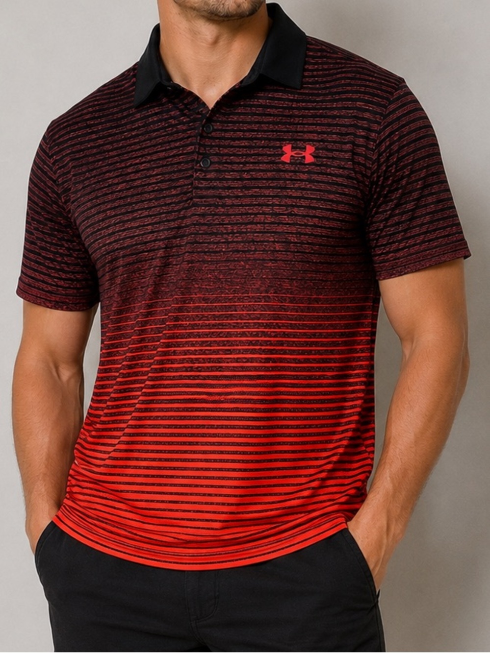 Under Armour Playoff Polo HeatGear Golf Shirt Orange Black Striped Men’s XL